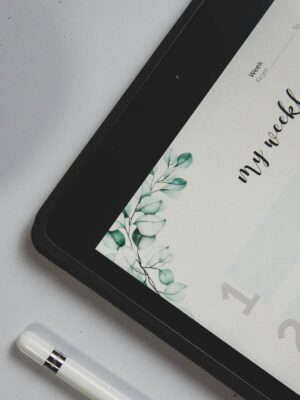 Close-up of a tablet displaying a weekly planner with a stylus and a potted plant on a desk.